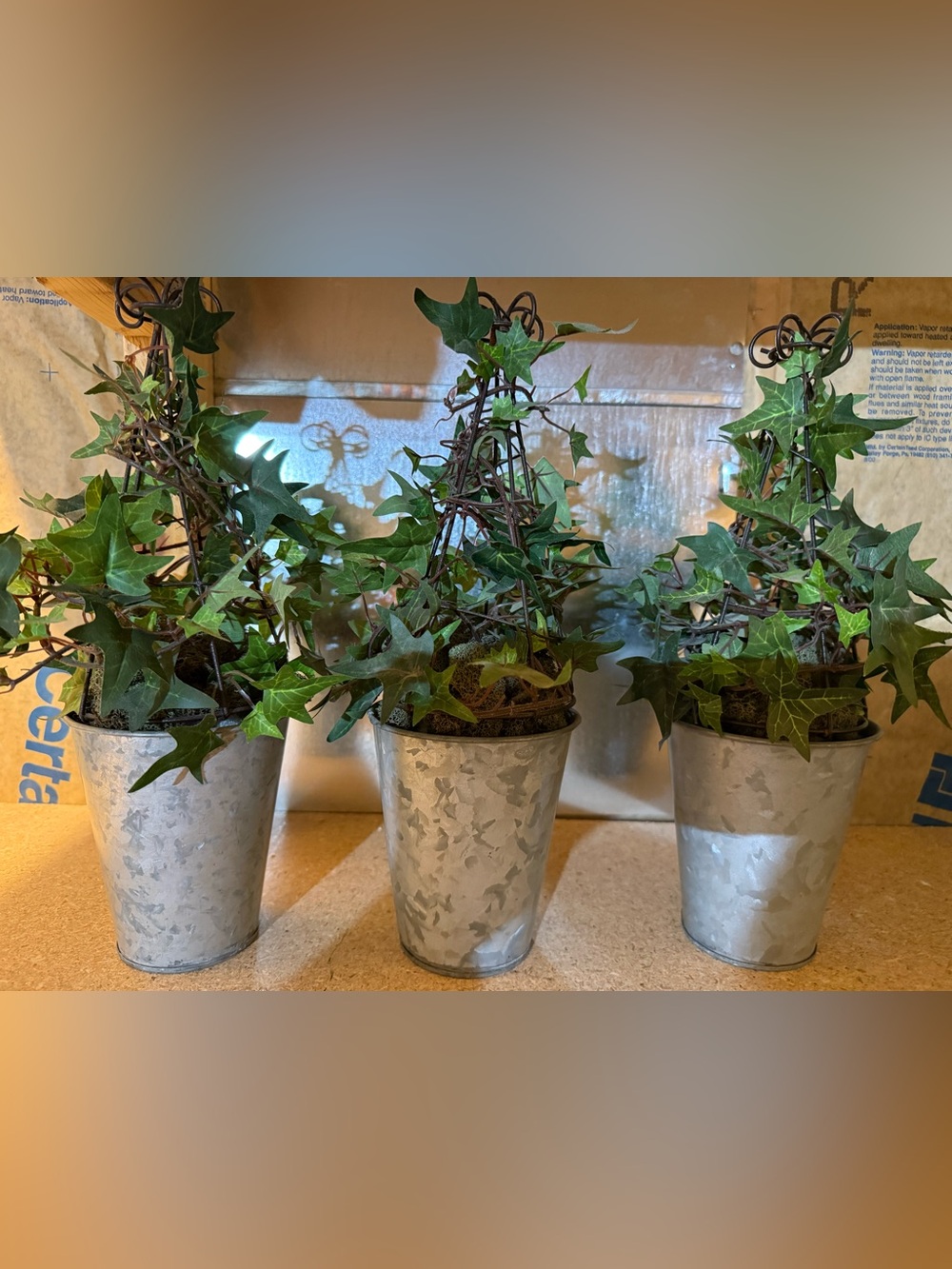 3 Artificial Ivy Topiaries in Galvanized Metal Planter